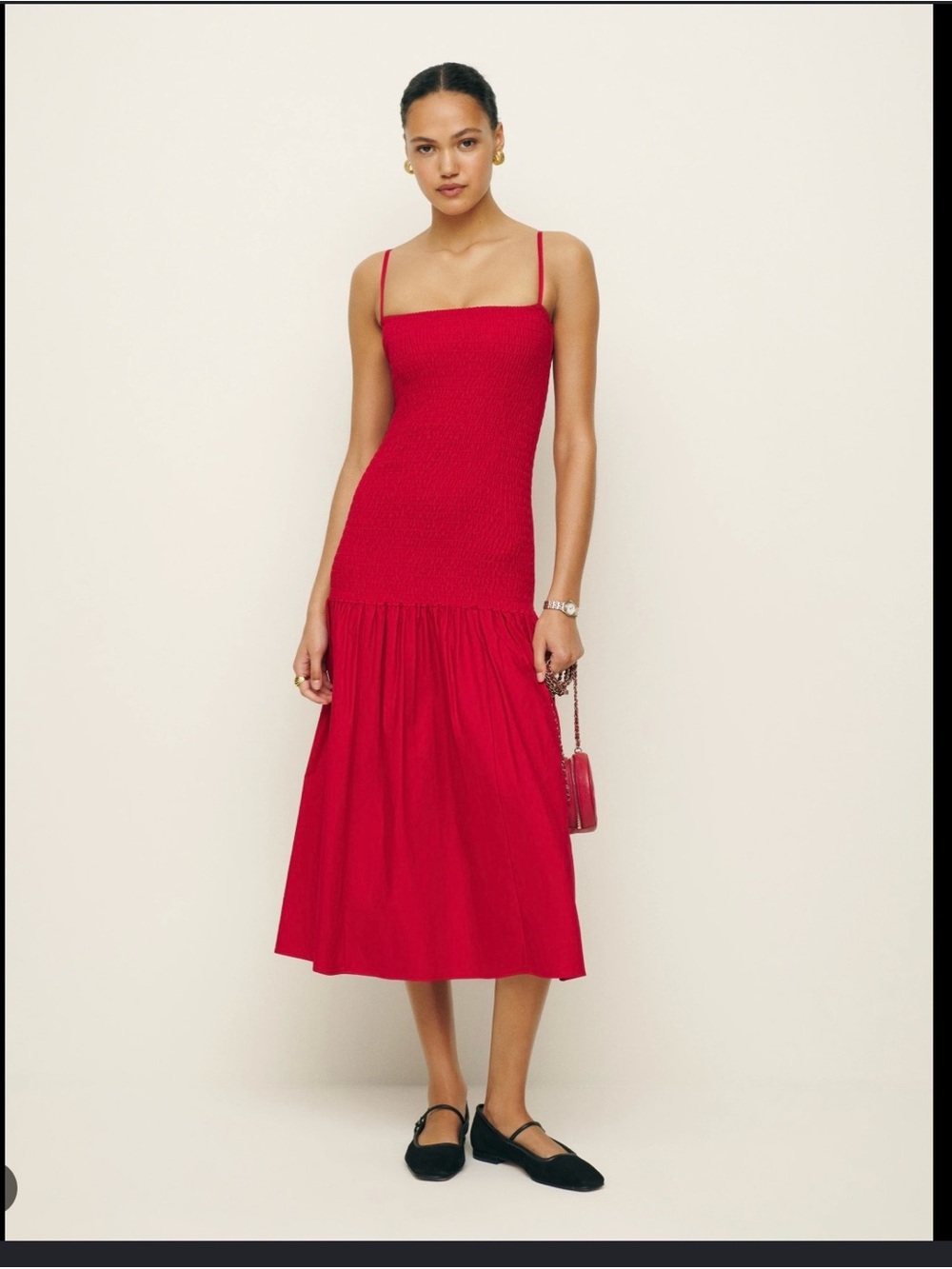 Reformation Red Smocked Midi Dress with Spaghetti Straps